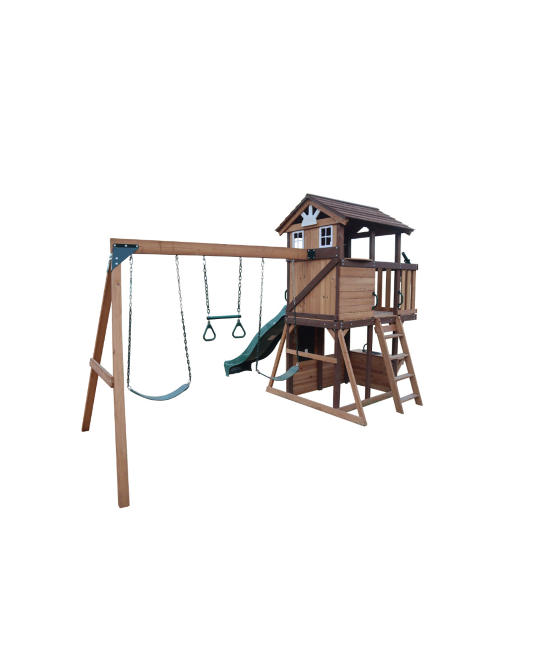 Mount Peak - Elbrus Swing Set & Playhouse with wooden roof Mount Peak - Elbrus Swing Set & Playhouse with wooden roof